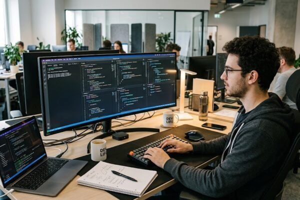 Programmer working with popular programming languages including Python JavaScript Java C++ C# and PHP