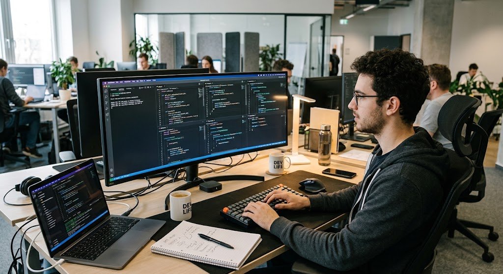 Programmer working with popular programming languages including Python JavaScript Java C++ C# and PHP