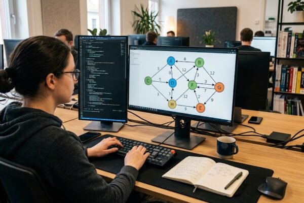 Graph data structure with connected vertices and edges on a computer screen