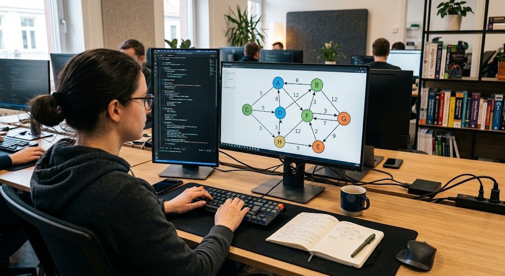 Graph data structure with connected vertices and edges on a computer screen
