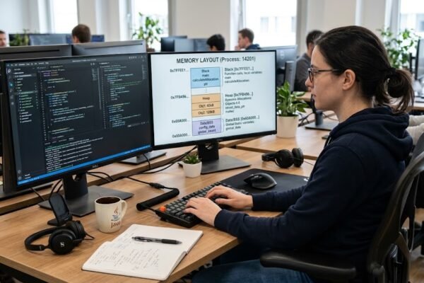 Memory management in programming languages showing stack and heap
