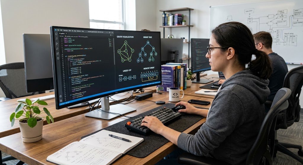 Programmer working with data structures and programming code