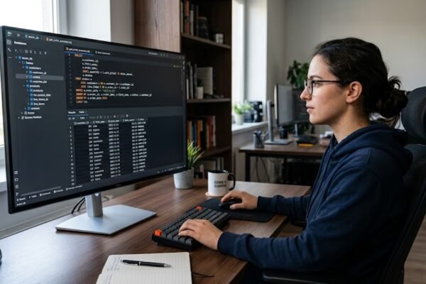 Developer working with SQL database queries on a computer