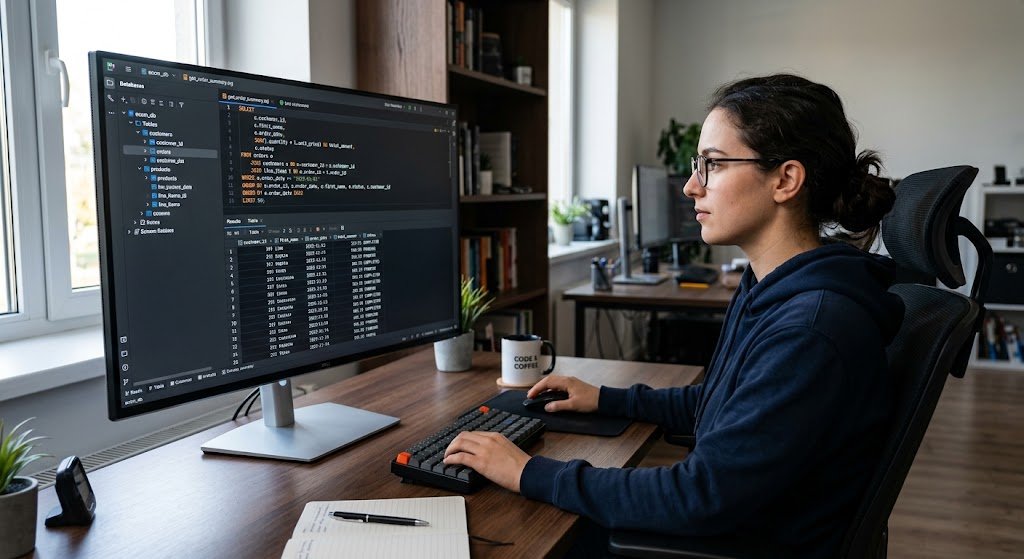 Developer working with SQL database queries on a computer
