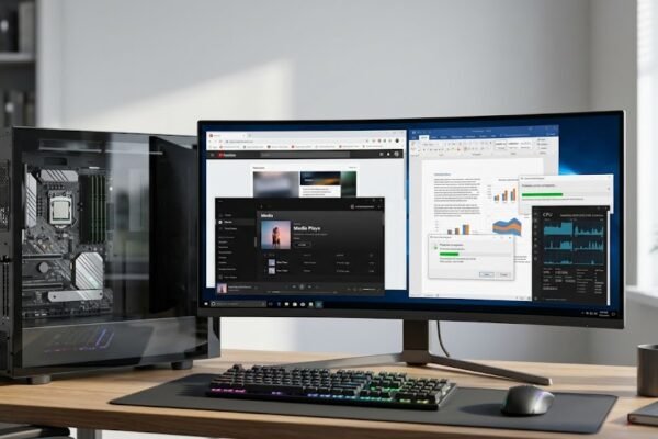 Modern computer running multiple applications through multitasking and multithreading.