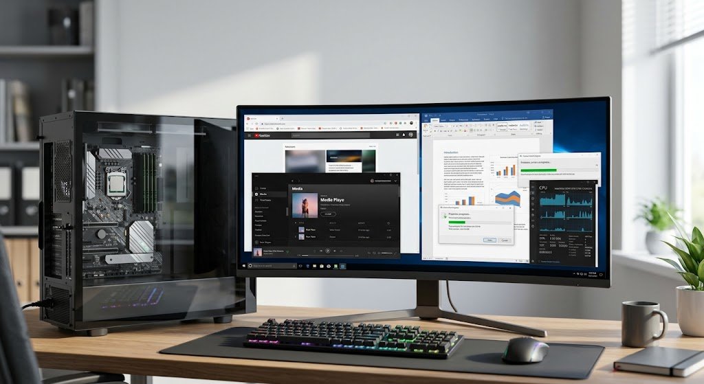 Modern computer running multiple applications through multitasking and multithreading.