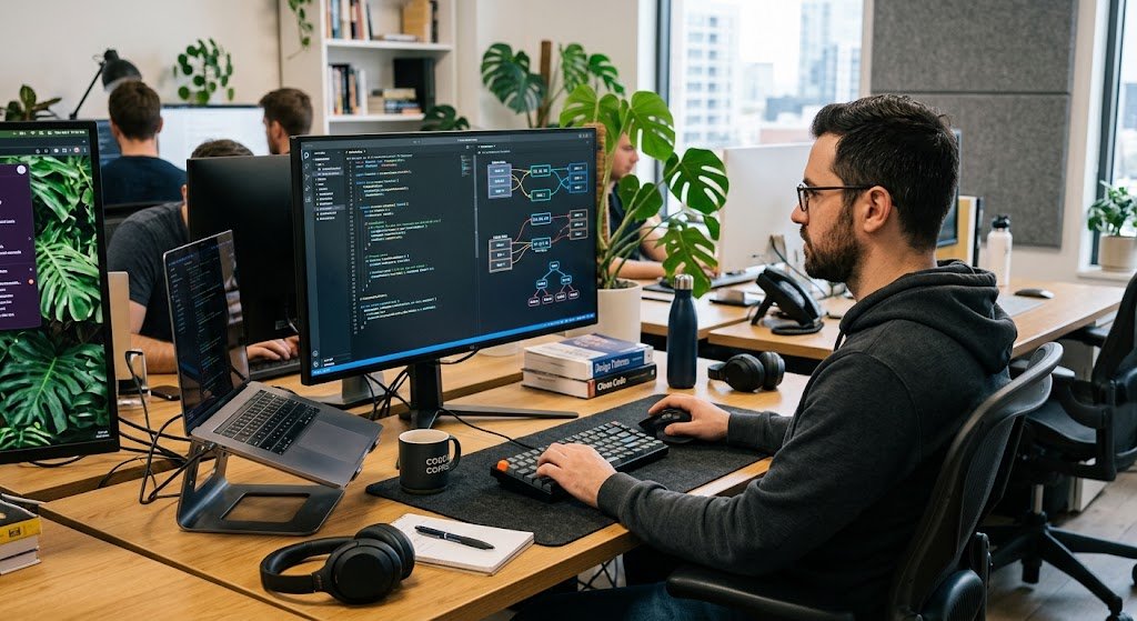Programmer working with data structures and code on a computer
