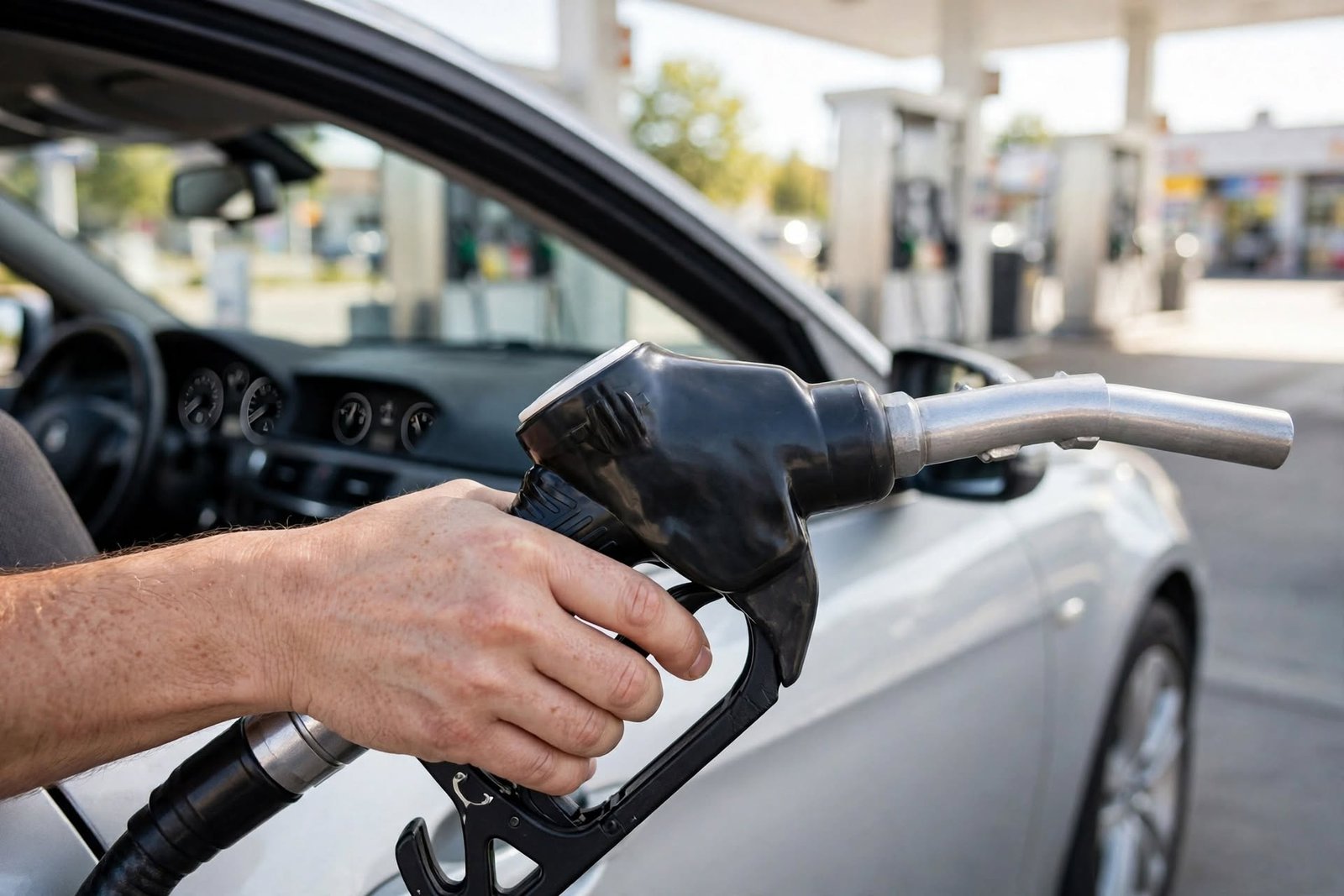 fuel economy vs fuel efficiency comparison showing hand holding fuel pump nozzle refueling silver car at fuel station