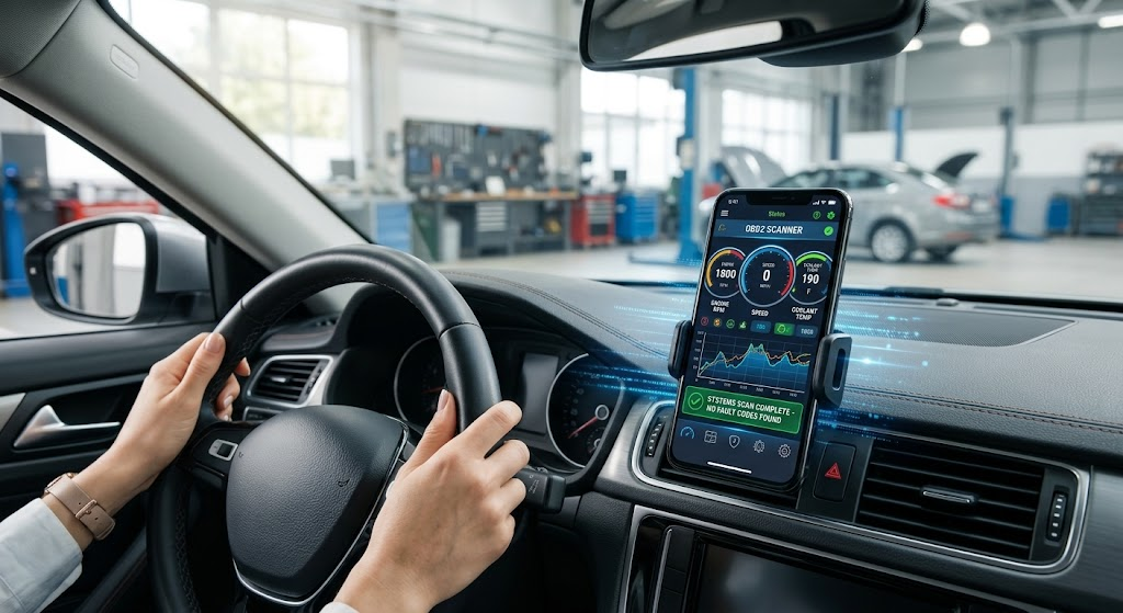 A smartphone displaying live vehicle data and graphs using an OBD2 app in a car interior