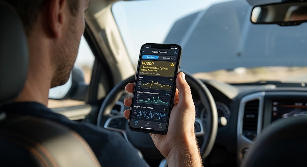 Smartphone displaying real-time engine data and diagnostic trouble codes using an OBD2 scanner app