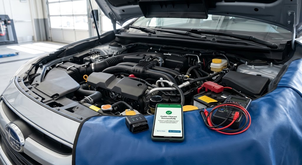 A car engine bay with a smartphone performing diagnostics using an OBD2 scanner app