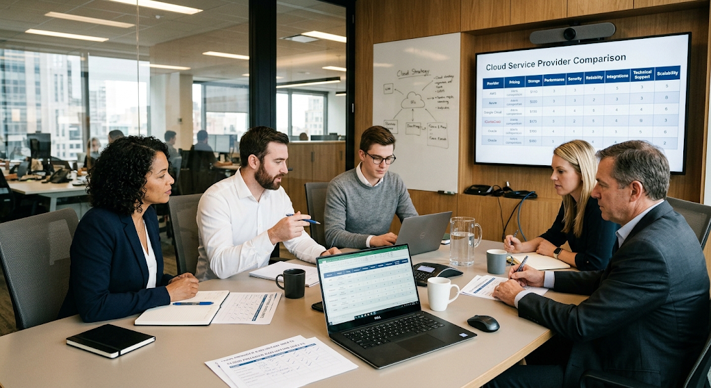 Business professionals comparing cloud providers using a technology evaluation scorecard
