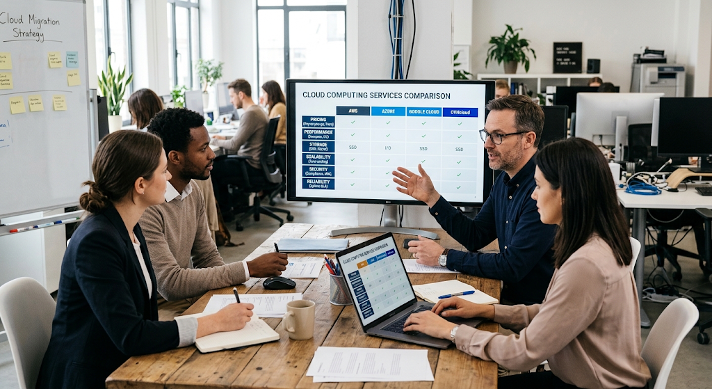 Small business team evaluating cloud computing services and technology requirements
