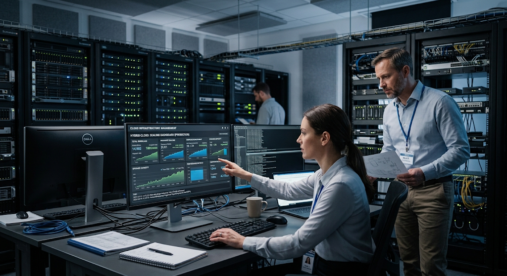 IT professional monitoring cloud security and business data protection
