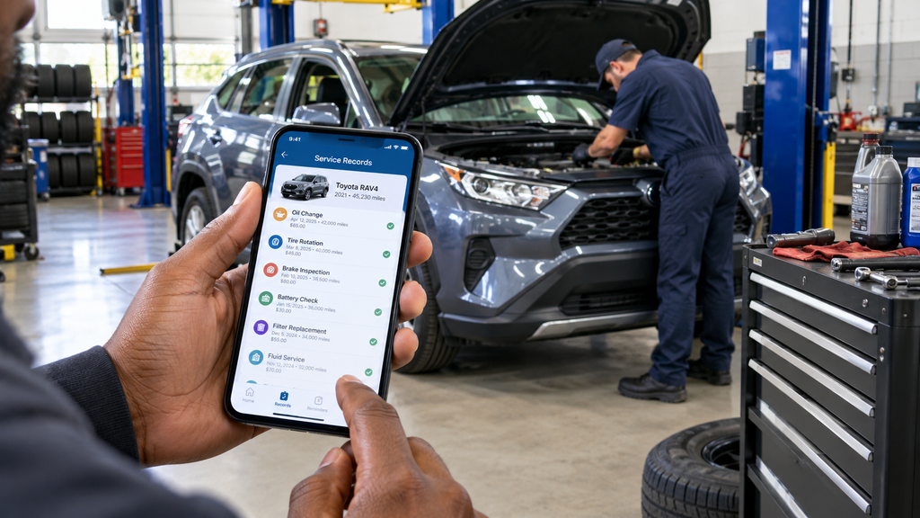 Driver using a car maintenance app to record oil changes and vehicle service history