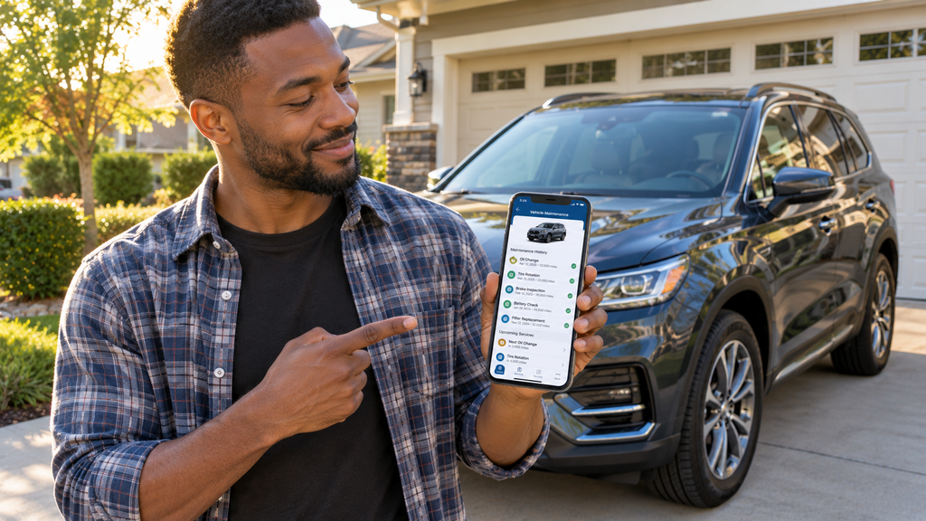 Car owner using digital maintenance tracking to manage a complete vehicle service schedule