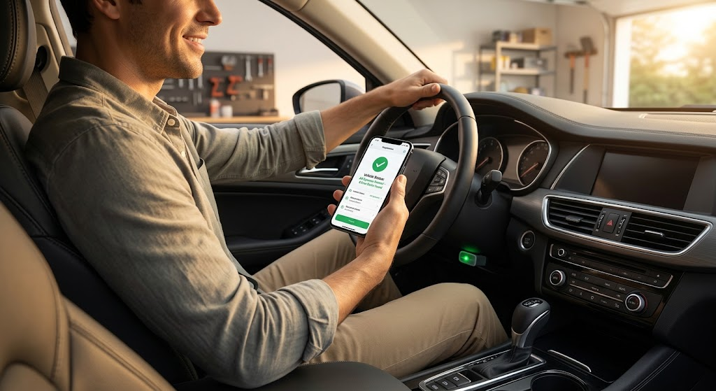 Satisfied driver checking car health diagnostics on a smartphone using a wireless OBD2 scanner