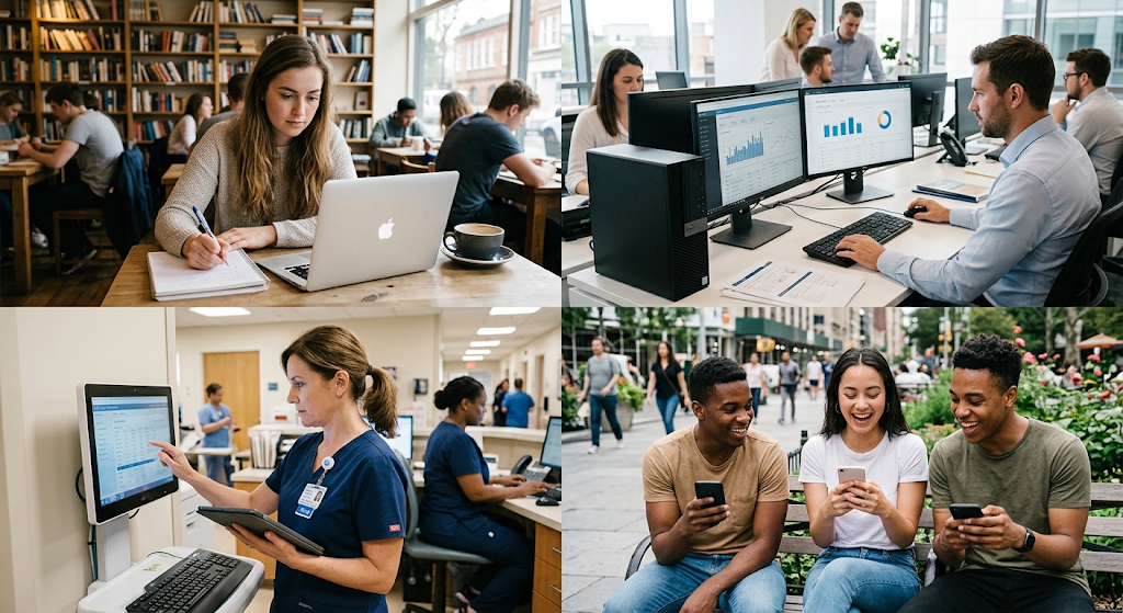 People using computing technology in education, business, healthcare, and communication