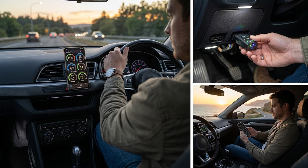Driver reviewing OBD2 live data graphs and vehicle performance baselines while parked