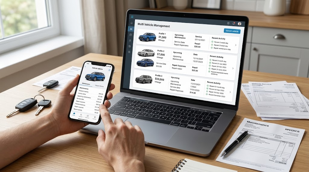 Multiple vehicle management apps tracking maintenance schedules and repair records