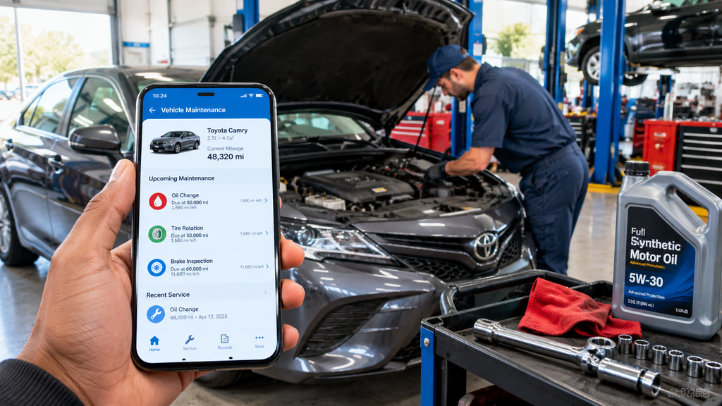 Car mileage tracking app helping a driver monitor oil change and maintenance reminders