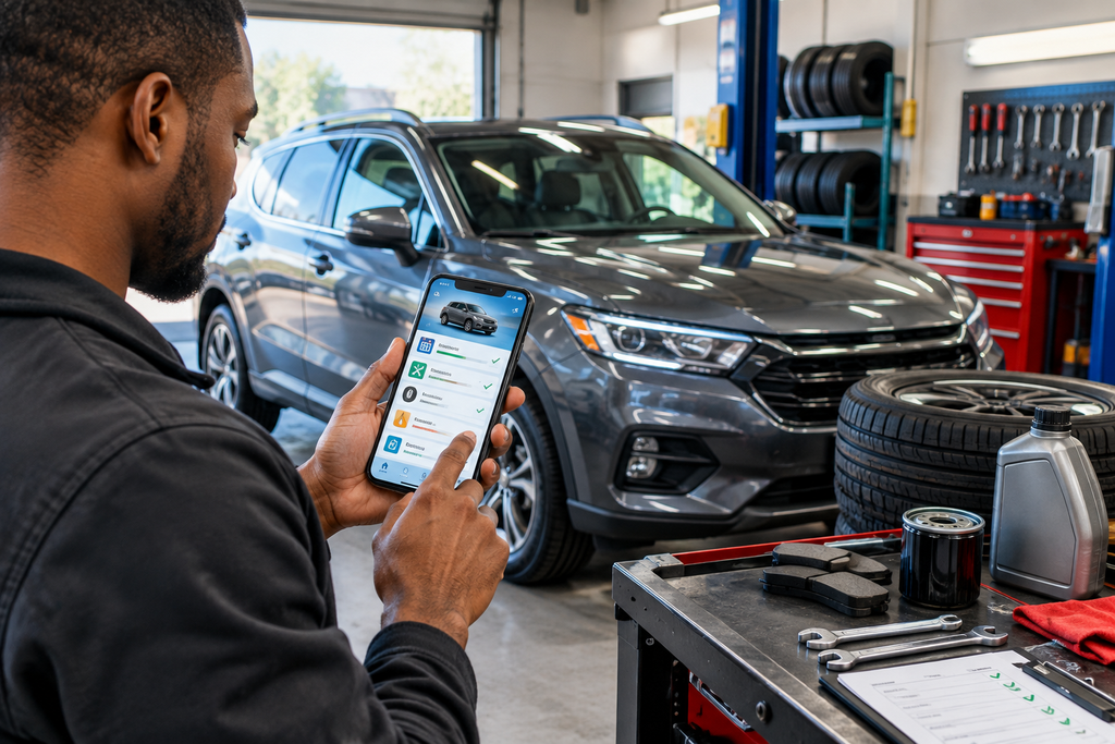 Car owner using vehicle management apps to track maintenance, repairs, mileage, and tire service