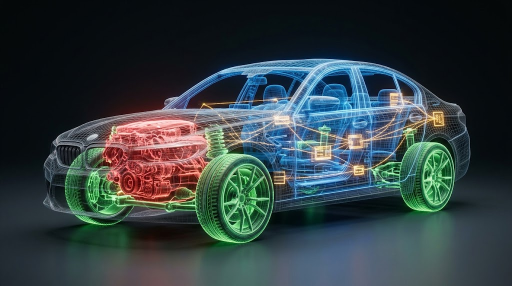 Understanding OBD2 Trouble Codes: What P, B, C, and U Codes Mean 2 A high-tech, semi-transparent vehicle visualization illustrating four distinct system modules.