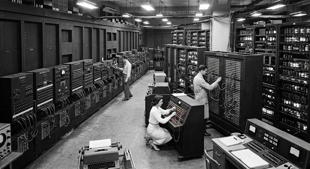 Early electronic computer with vacuum tubes and control panels