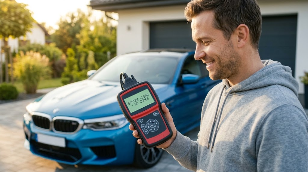 Understanding OBD2 Trouble Codes: What P, B, C, and U Codes Mean 3 A satisfied car owner holds an automotive scanner showing a clear system status in a sunny driveway.