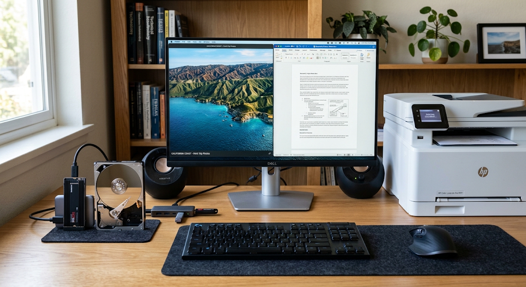 Basic Components of a Computer System and How They Work Together 5 Computer storage and output devices including SSD hard drive monitor speakers and printer