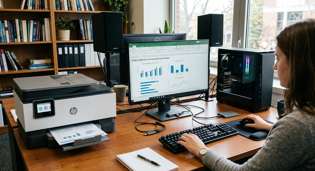 Computer output devices and storage devices including monitor printer and SSD