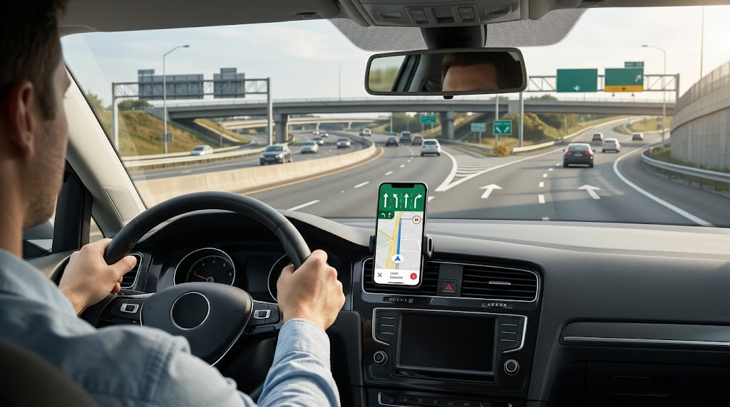 Best GPS Navigation Apps for Drivers: Features to Compare Before Choosing One 2 Driver using GPS lane guidance while approaching a complex multilane highway interchange