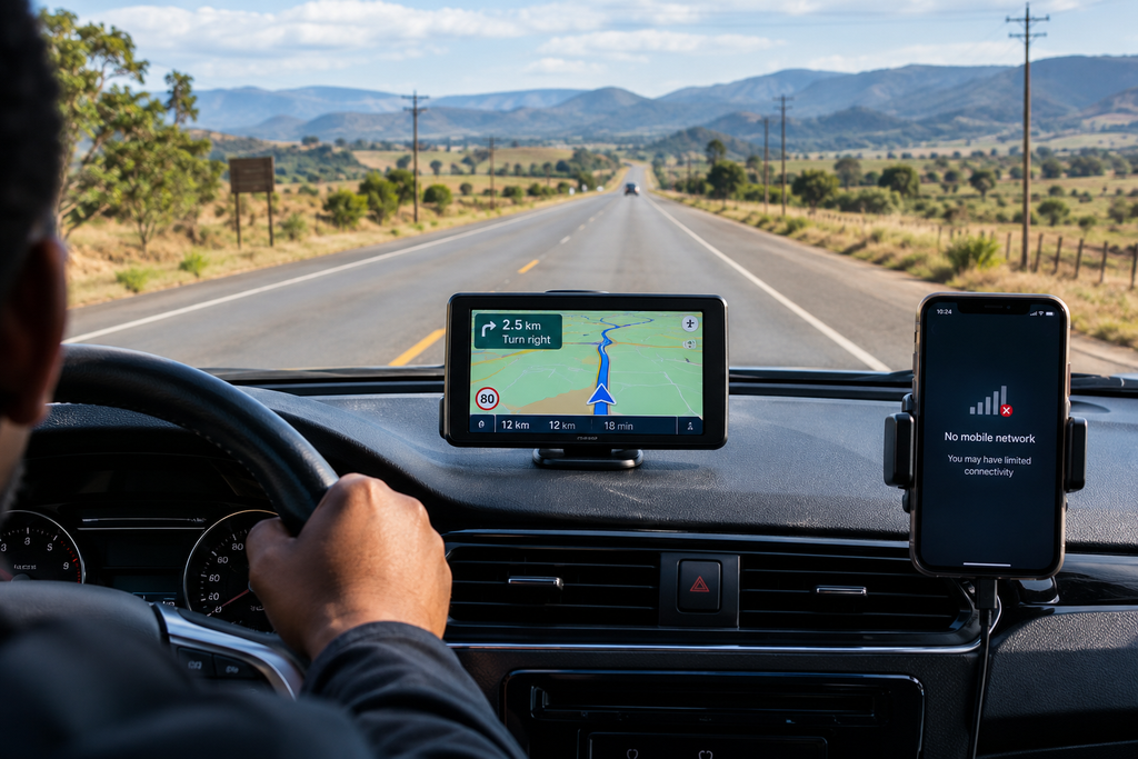 
Dedicated GPS navigation device guiding a driver on a remote highway with limited mobile connectivity  
