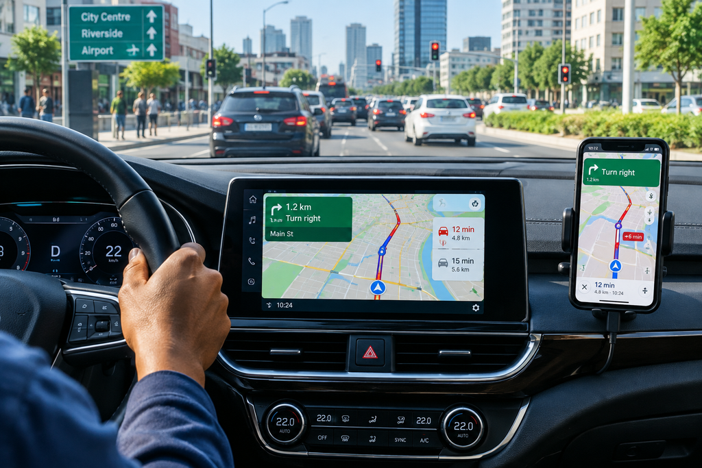 
Google Maps navigation displayed through a modern car infotainment system during busy city traffic  