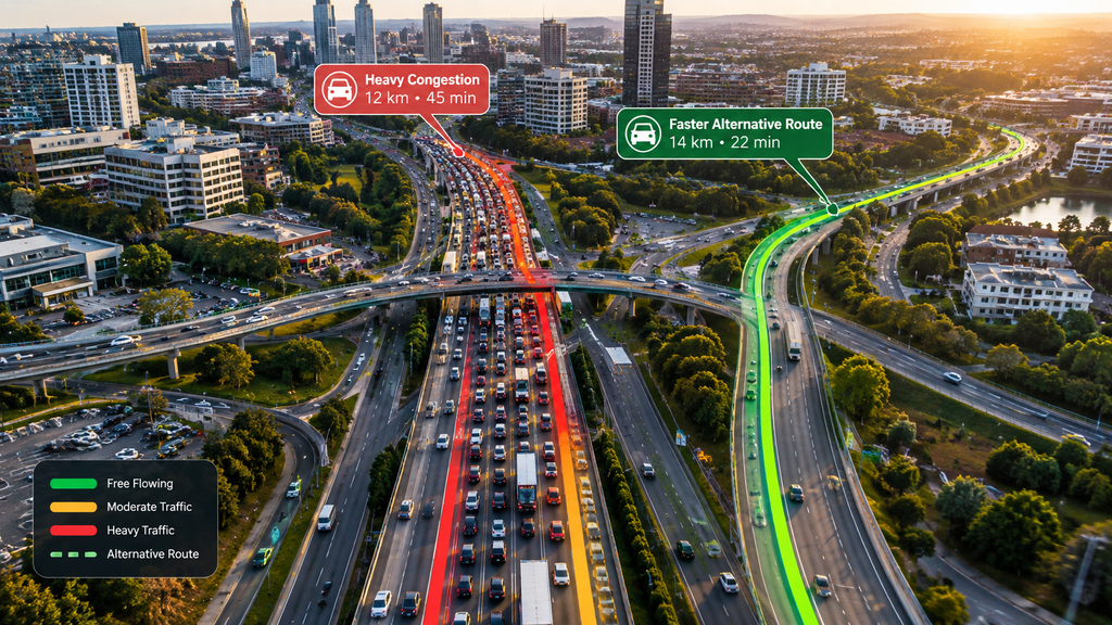 Aerial view of traffic congestion and alternative routes analyzed by a real-time navigation system