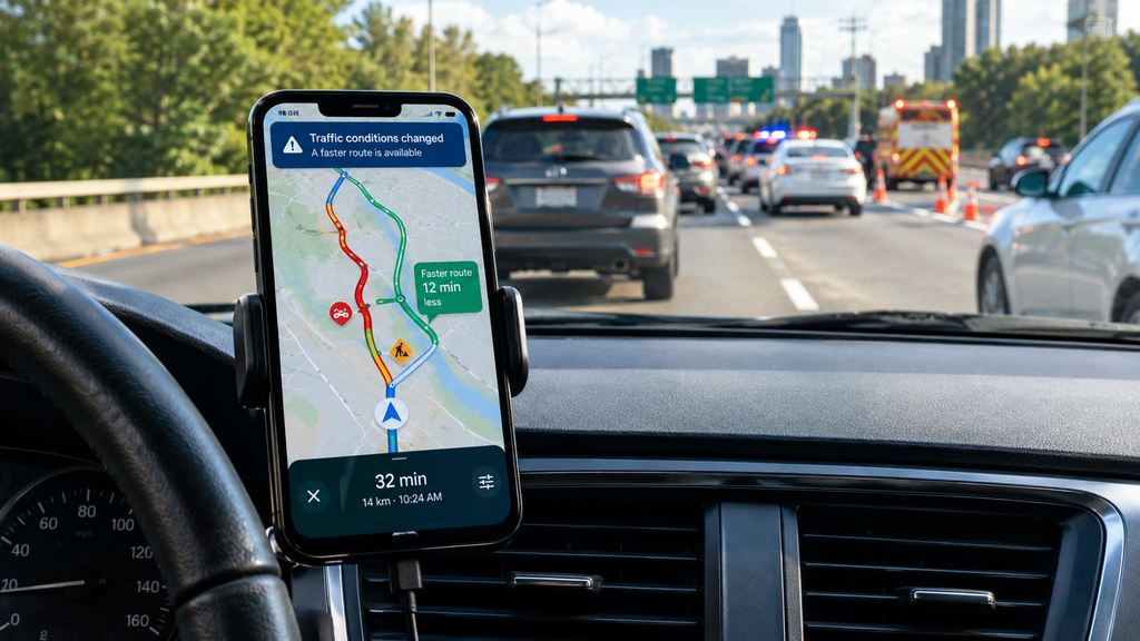 Navigation app using live traffic and incident information to update a driving route
