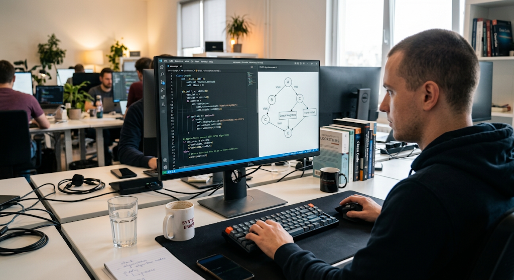 Programmer writing code while working with algorithms on a computer