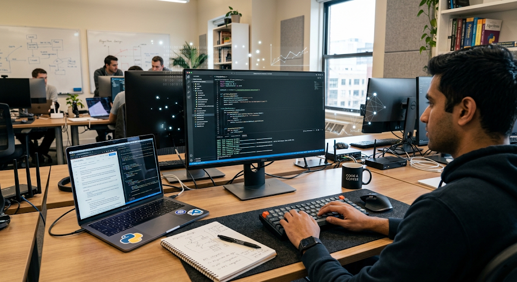 Computer science workspace with programming code and digital technology