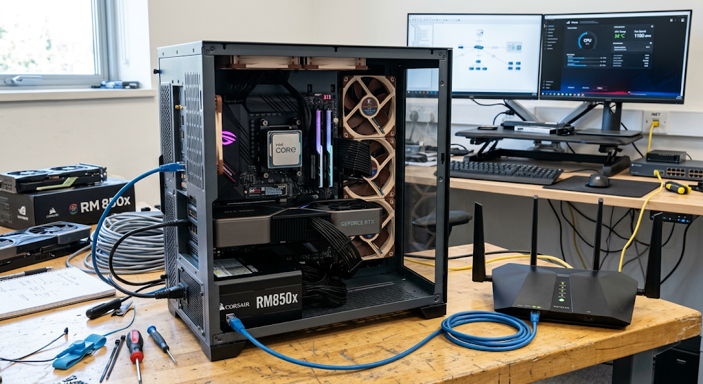 Computer hardware components connected to a network router