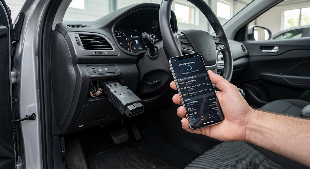 OBD2 engine diagnostics showing vehicle fault codes on a smartphone