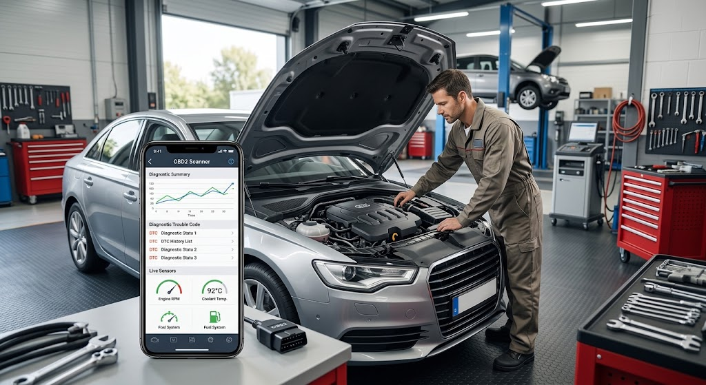 OBD2 engine diagnostics helping identify engine problems during vehicle inspection