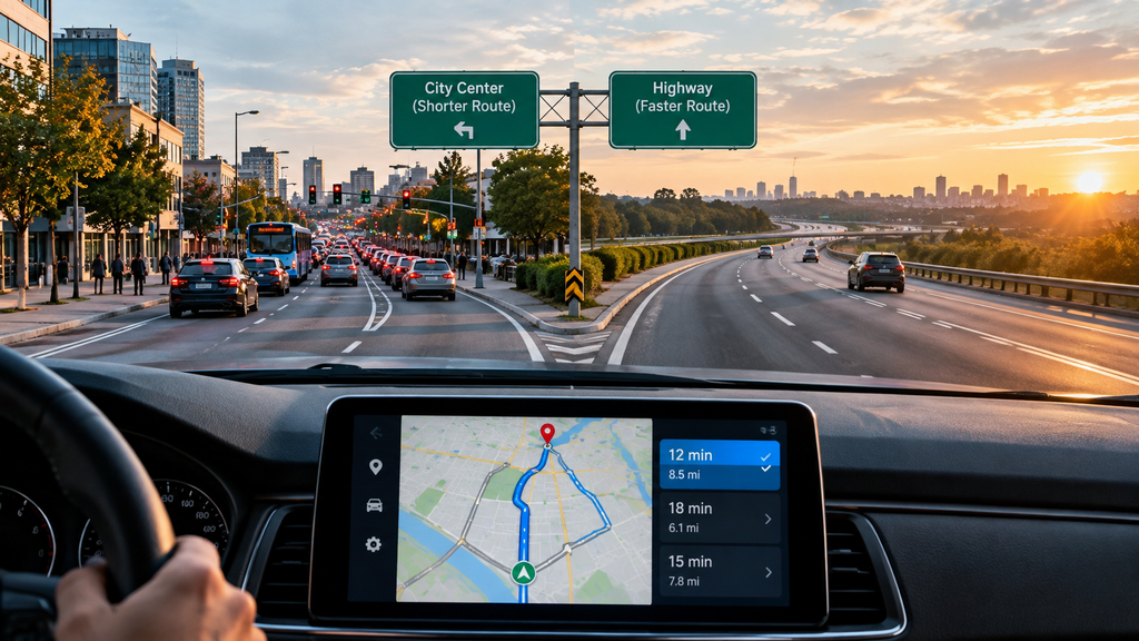How GPS Navigation Calculates the Fastest Route, Shortest Route, and Best Route 2
GPS navigation calculating multiple routes through a connected road network