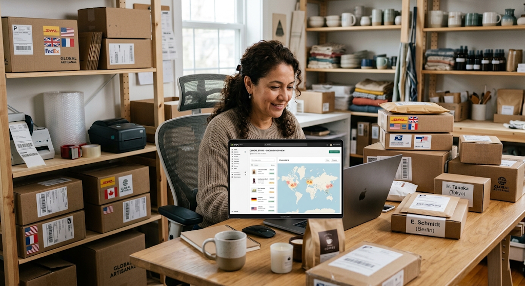 Technology and International Business: How Digital Innovation Is Changing Global Trade 2 Small business using e-commerce to reach international customers