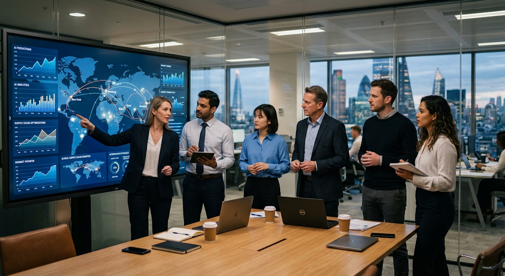 Technology and International Business: How Digital Innovation Is Changing Global Trade 5 International business team using AI and digital technology for global trade
