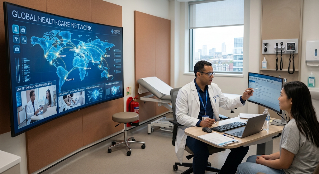 Technology and Global Healthcare: How Innovation Is Improving Lives 2 Doctor providing healthcare through telemedicine video consultation