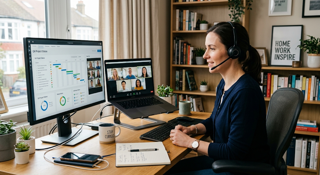 The Impact of Technology on Global Employment and the Future of Work 4 Professional working remotely with colleagues through digital collaboration tools