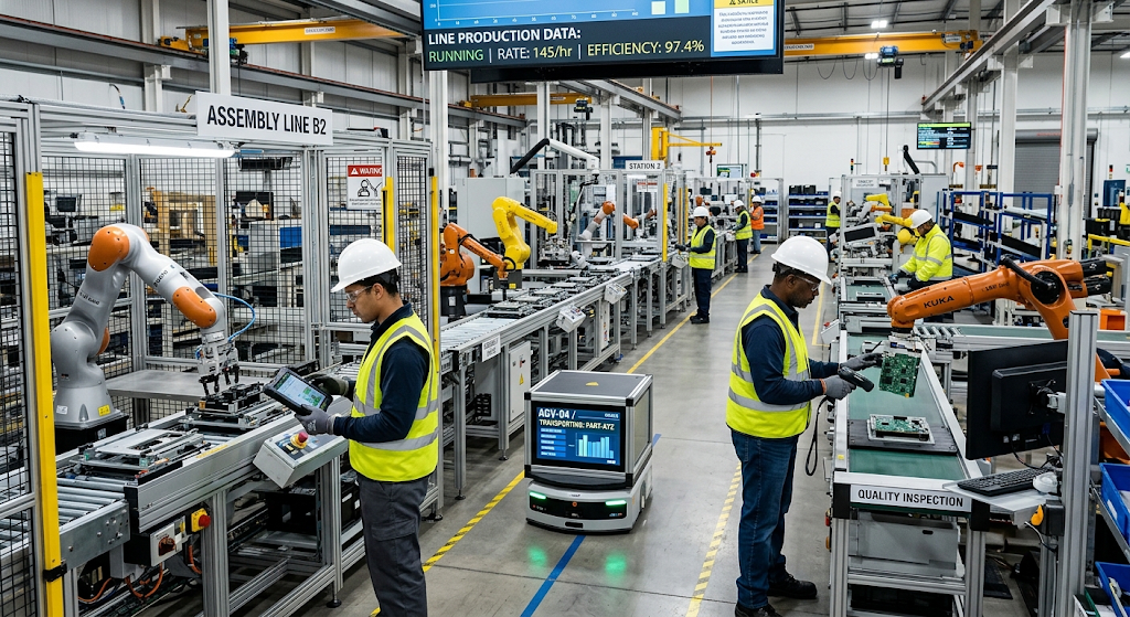 The Impact of Technology on Global Employment and the Future of Work 2 Workers monitoring automated robots in a modern manufacturing facility