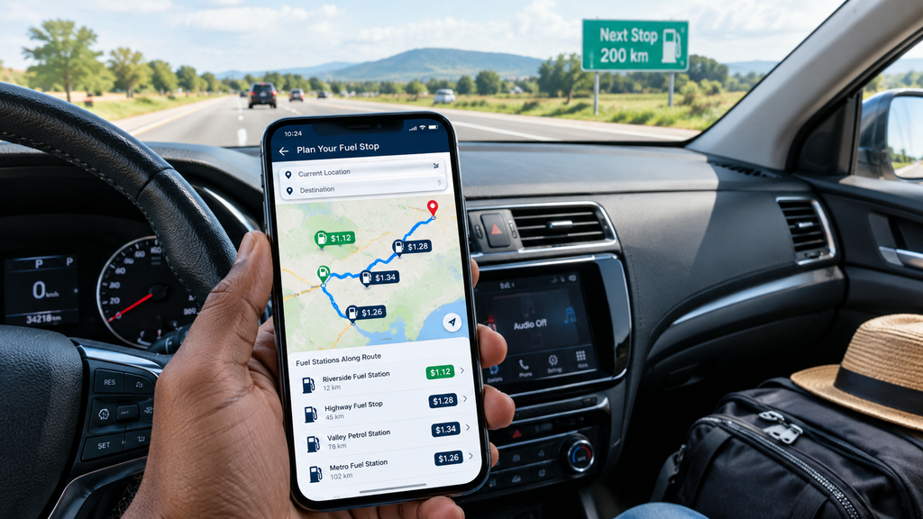 
Driver planning a route to find cheap fuel prices at nearby stations