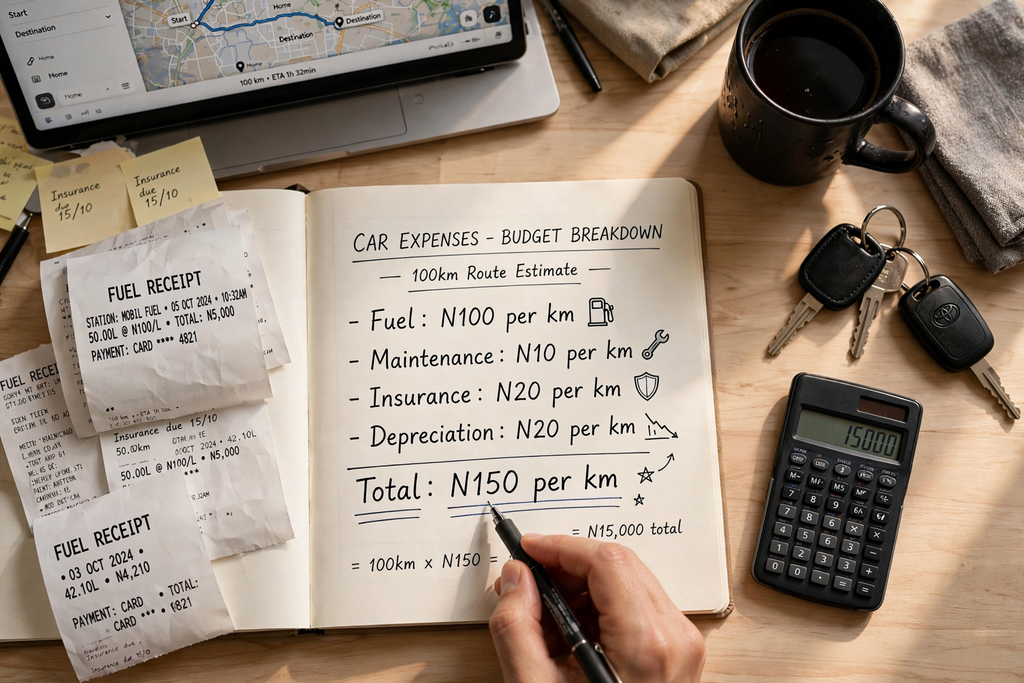 How Much Does It Cost to Drive a Car Per Mile or Kilometer? 3
driving cost per kilometer budget breakdown showing total N150 per km for 100km trip with fuel receipts