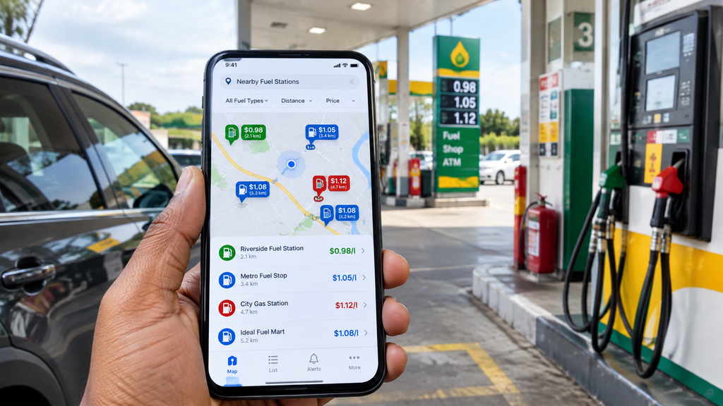 
Driver planning a route to find cheap fuel prices at nearby stations
